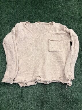 mittoshop Light Beige V-Neck Pocket Long Sleeve Sweater